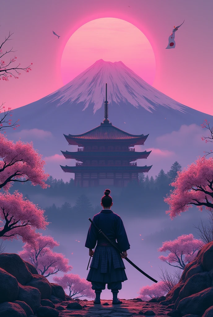 Create a background of a samurai with a katana looking up at a Japanese temple high up on the mountain with Mount Fuji in the background and the Japanese flag on a purple sunset and a few cherry blossom trees and a flower horn red dragon fish