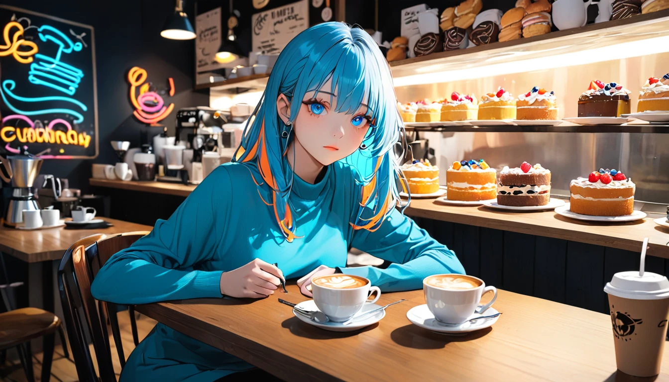 (masterpiece), Highest quality, Cafe,Sitting in a chair、Coffee and cakes are lined up on the table、Neon Art,オレンジEyes, Orange and marine blue hair, Expressive eyes, Expressionless、