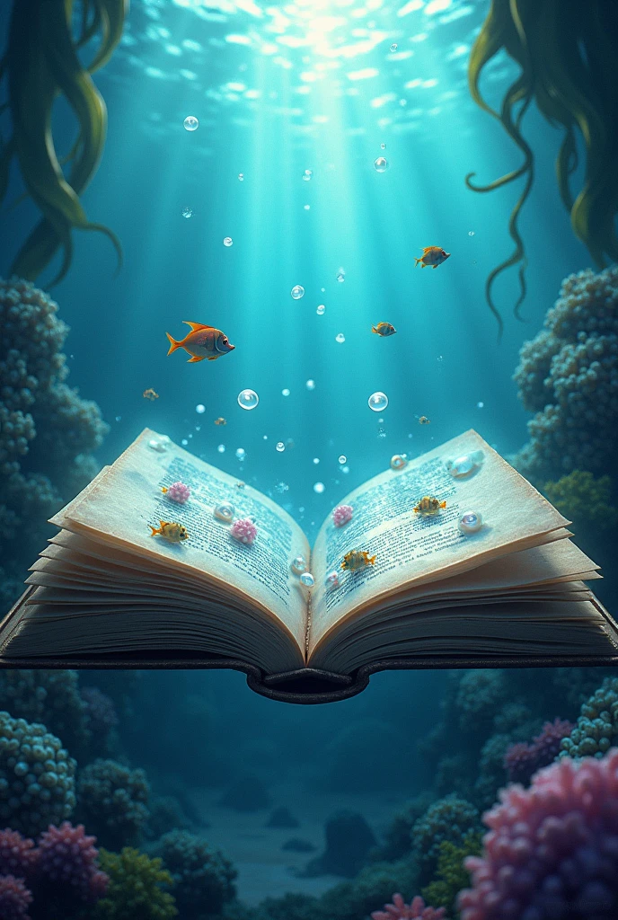 Book opening in Sea with pearls but there's still space to put a timeline and title