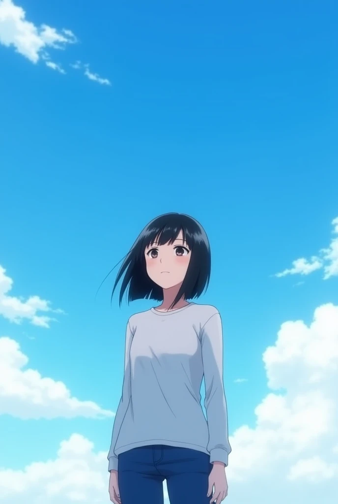 a girl, in white long sleeve shirt and blue jeans, with straight medium black hair, gazing the blue sky with lonely expression