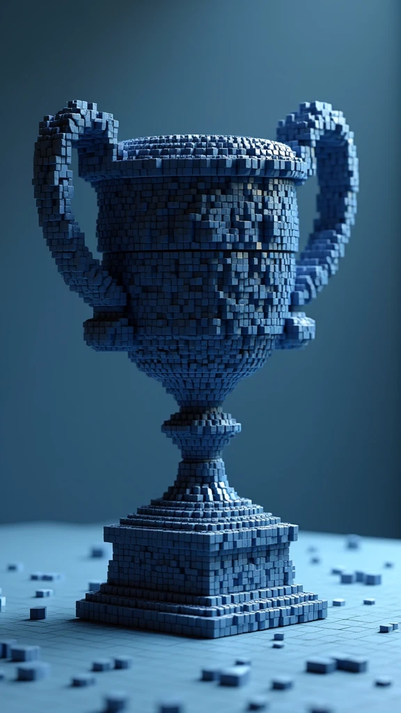Trophy shape made of small cubes，dark blue tint，Sense of space，Mosaic，The art of math，C4D，OC Renderer