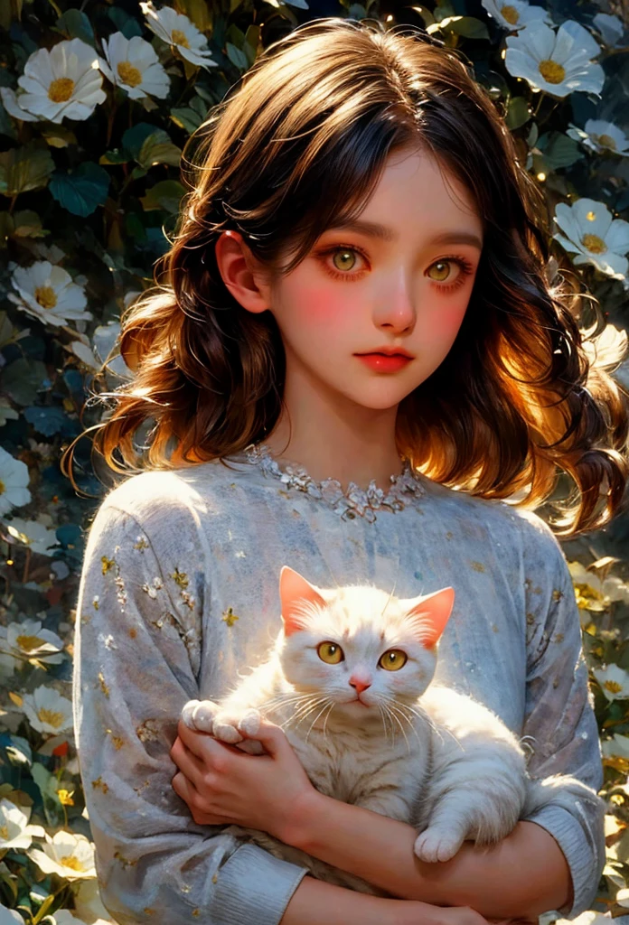 oil painting, (A scene with a woman and a white cat, flower), A portrait expressing the deep bond between a girl and a cat, White cat_expression of delicate details,  (Close-up of the upper body_A gaze that looks at the viewer), Peacefulness, high resolution, vivid silhouette, 3D textures, extremely detailed description, Oil painting style, 