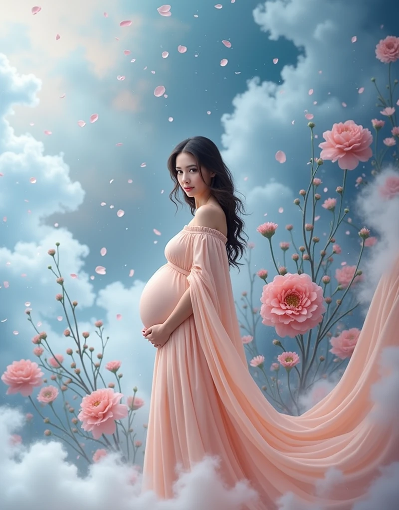 pregnant woman , flower background smoke boms around the lady, pink and blue smokeey coloudy background would be better , peach colour dress