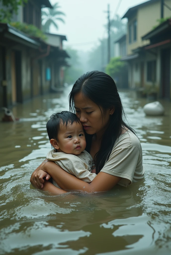 Flood affected submerged under water asian mother and 