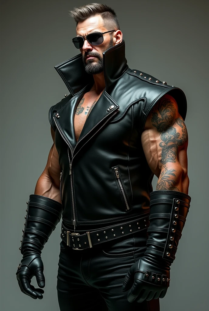 From below, a side view of a muscular man in a long black sleeved leather coat with metal studs and zippers like a rocker leather jacket and a massive, exxagerated, stiff tall high collar turned up tight against the sides of his face completely, like a spy’s coat. The collar must cover his ears and sides of the head completely.
Detailed facial features, extremely detailed muscular physique, lots of chest hair, hairy chest, masculine tattoos, large penis, massive outline of bulging penis, fierce and intimidating expression, commanding pose, black mohawk, bearded face, clear and sharp lighting, photorealistic, cinematic, hyper-realistic, high quality, 8k, ultra-detailed, physically-based rendering, studio lighting. Massive bulge. Big penis outline.
Stiff Leather collar exxaggerated to the top of the head. Turne-up collar very high and stiff. Slick black leather, very polished.
Wearing tight gauntlet black leather gloves and aviator black reflective rayban glasses.
Bitting a thick cigar.
