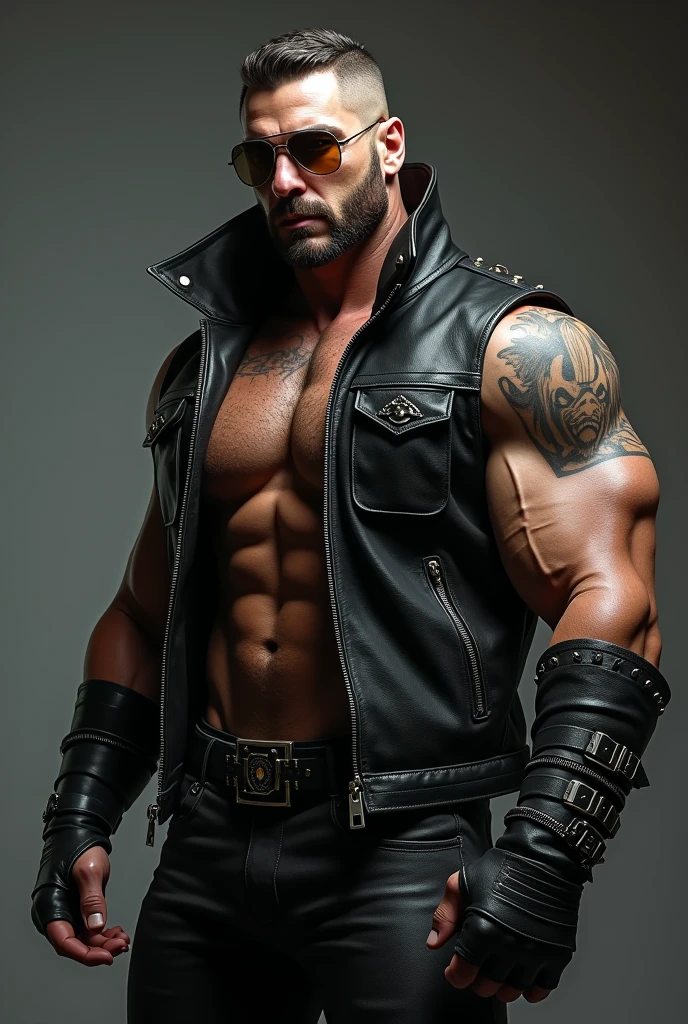 From below, a side view of a muscular man in a long black sleeved leather coat with metal studs and zippers like a rocker leather jacket and a massive, exxagerated, stiff tall high collar turned up tight against the sides of his face completely, like a spy’s coat. The collar must cover his ears and sides of the head completely.
Detailed facial features, extremely detailed muscular physique, lots of chest hair, hairy chest, masculine tattoos, large penis, massive outline of bulging penis, fierce and intimidating expression, commanding pose, black mohawk, bearded face, clear and sharp lighting, photorealistic, cinematic, hyper-realistic, high quality, 8k, ultra-detailed, physically-based rendering, studio lighting. Massive bulge. Big penis outline.
Stiff Leather collar exxaggerated to the top of the head. Turne-up collar very high and stiff. Slick black leather, very polished.
Wearing tight gauntlet black leather gloves and aviator black reflective rayban glasses.
Bitting a thick cigar.