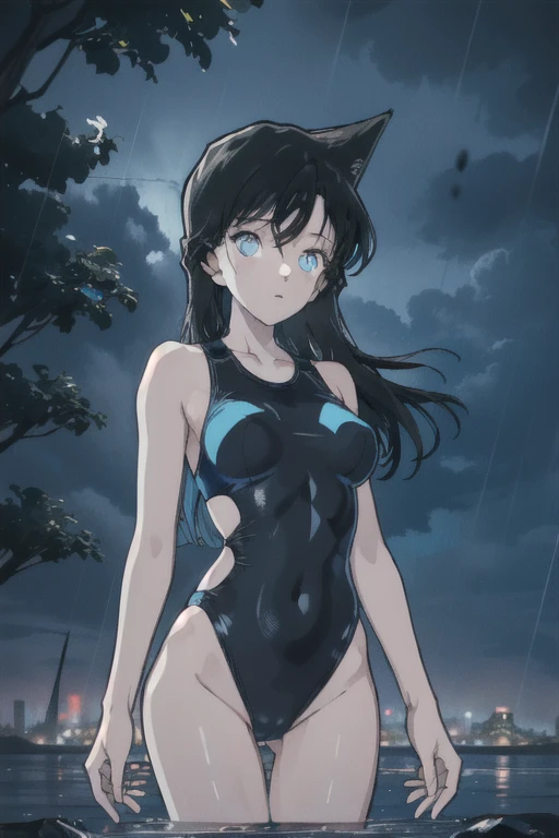 Phblue, scenery, no humans, landscape,  (masterpiece,best quality:1.4), blue theme, city, dusk, 1girl, rain,cowboy shot, close up, A girl wearing a black high-cut swimsuit、Mouri Ran