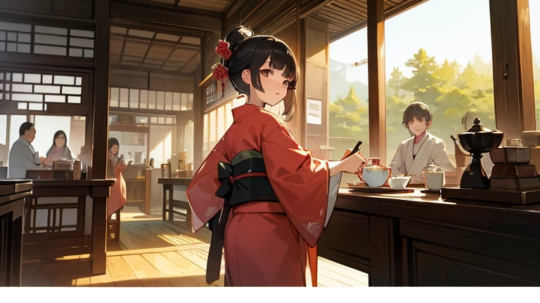 A part-time worker wearing a kimono、Please draw an illustration of tea being served at a tea shop.。The woman puts a teacup on a tray.、Serve tea to customers with care。In the background is the interior of a traditional teahouse.。