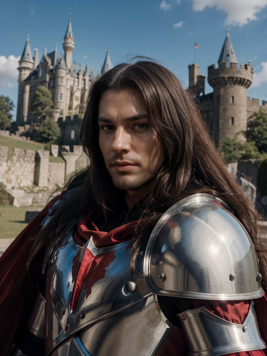 medieval epic king knight in a shiny armour and red cape, long hair, with castle in the background, looking at the camera in a cinematic way, raw photo, realistic UHD, 8k, realistic skin shadows, realistic skin texture