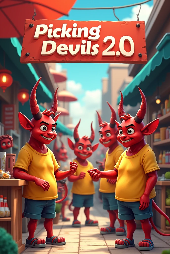 I want an image for work that has the phrase above "DIABLITOS DEL PICKING 2.0" that they are inside a free market type store and they are male and female devils who have a yellow shirt and that the shirt does not have a logo and that it says on top in big letters PICKING DEVILS 2.0"