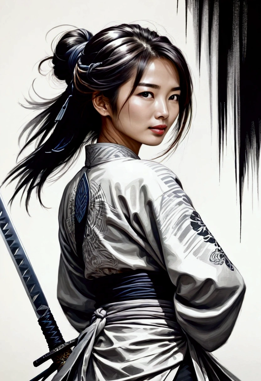 Japanese warior woman,a long sword hanging on her back, ink punk,dinamic,ink art , colors, line sketch, tiny detailed, masterpiece