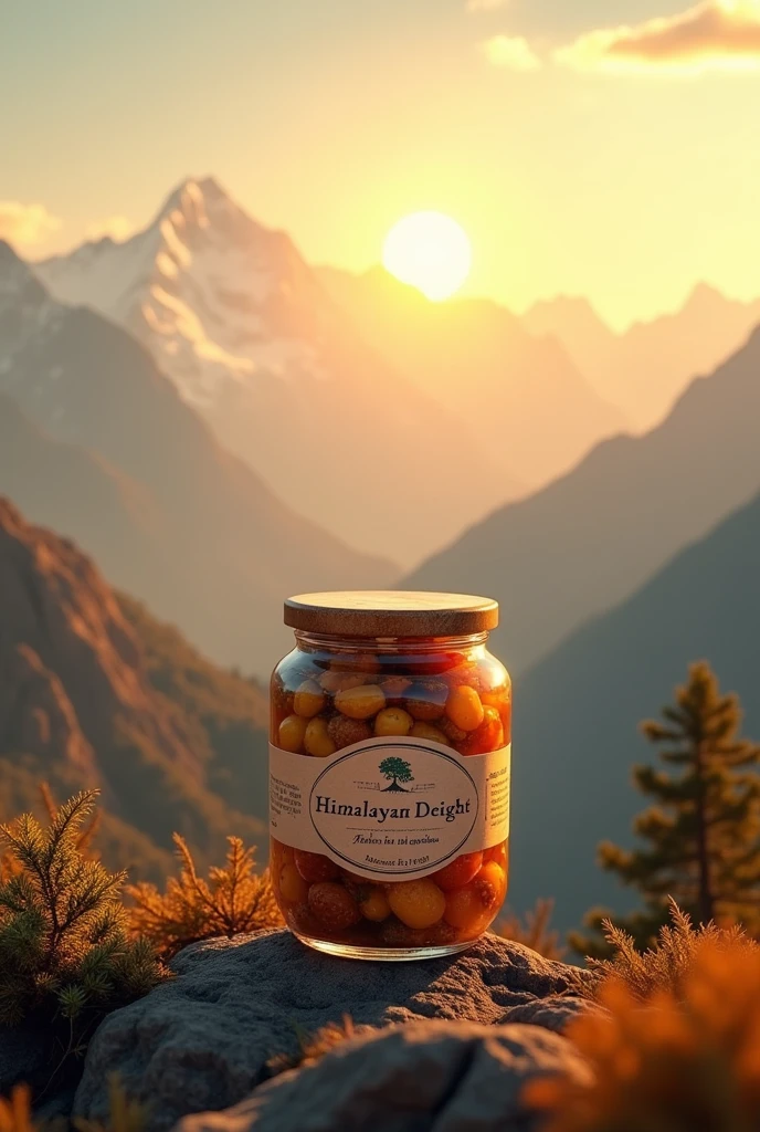 Put a company name on image Himalayan Delight .     And create a Image: A sun rising over the Himalayas, casting its golden rays on a pickle jar.