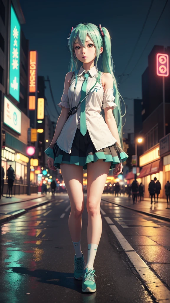 hatsune miku,At a city intersection at night、Walk refreshingly、