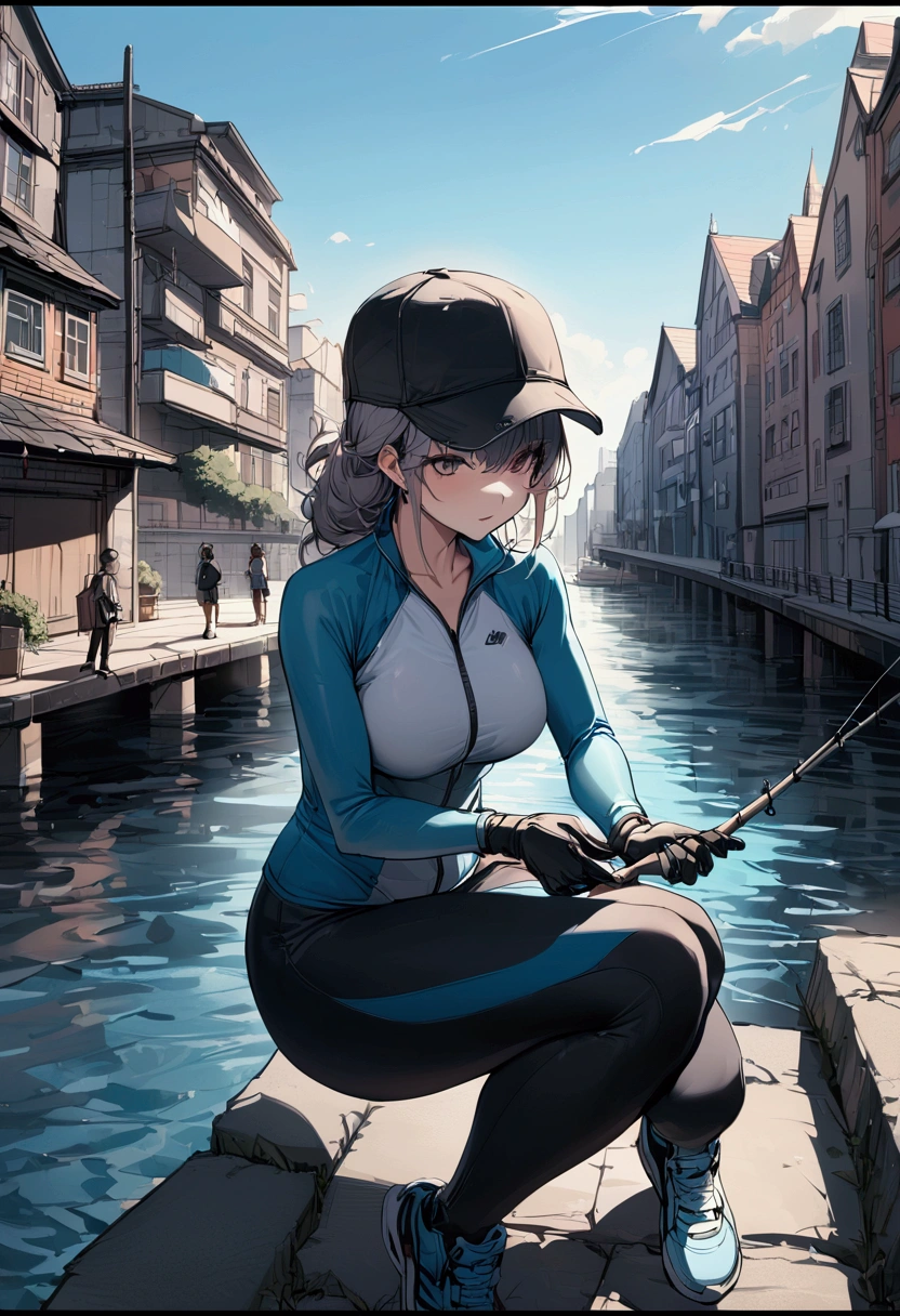 ,{{masterpiece}}, {{{Highest quality}}},{{Very detailed}},URBAN FISHING,Woman fishing ,rash guard ,shorts ,leggings ,sneakers ,collarbone ,gloves ,hat ,well maintained river with buildings in view