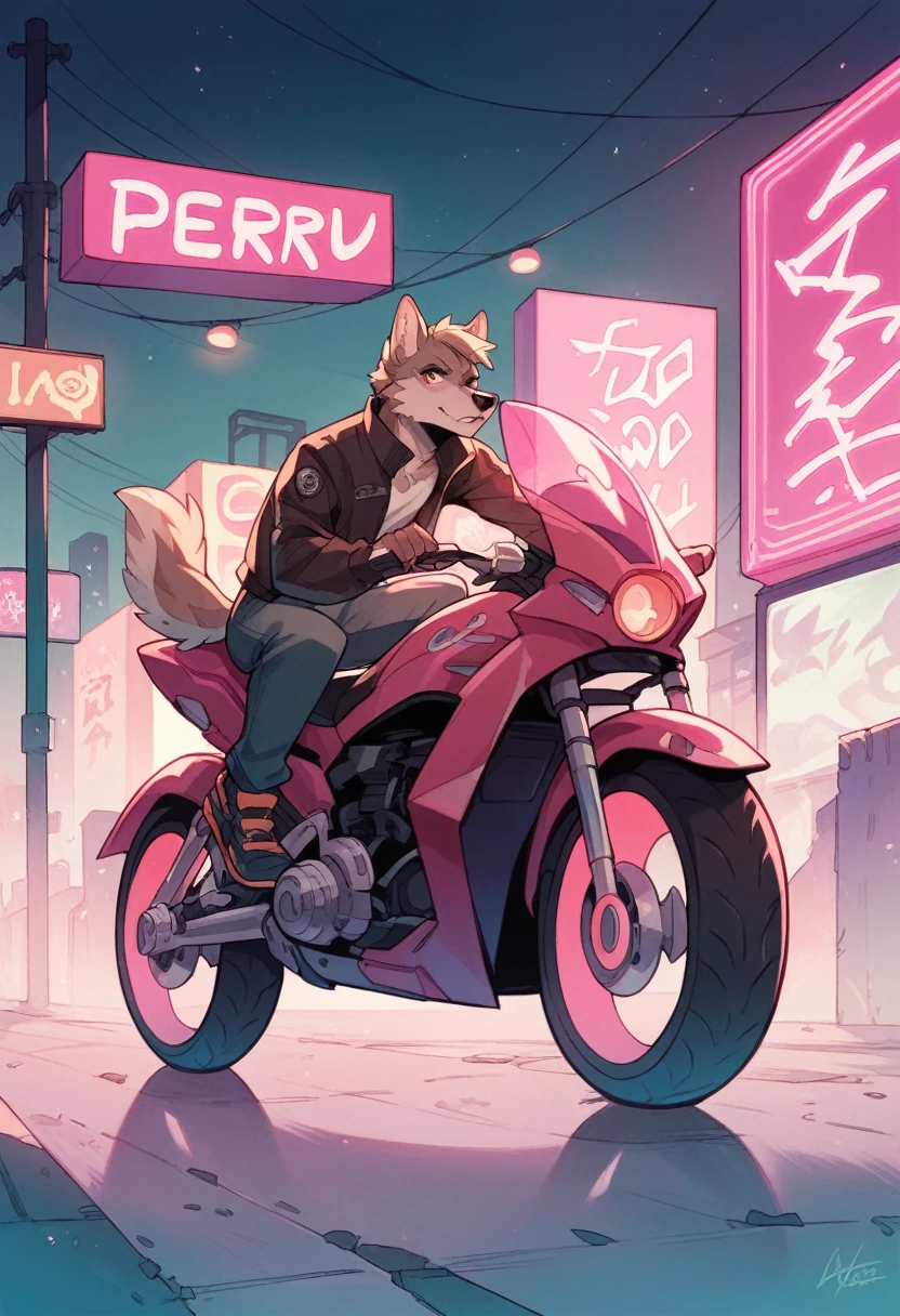 Wolf on a motorbike in cyberpunk at night teal, orange and pink neon lights fog