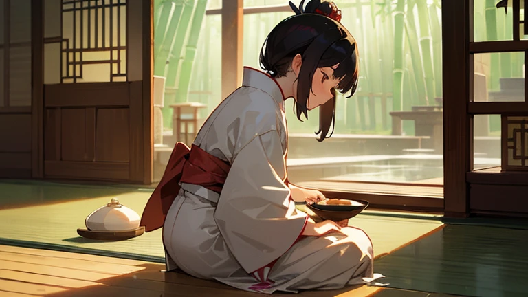 A part-time woman in a kimono working at a teahouse、Please draw an illustration of tea ceremony utensils being arranged.。The woman has a concentrated expression、Preparing to make tea。The background features bamboo fences and tatami floors.、There is a calm atmosphere。