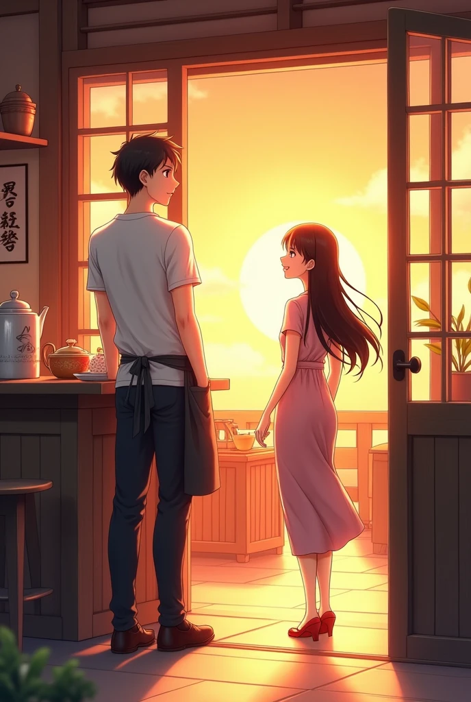 Two characthers in the frame with modern anime theme art. one character is male with flat face expression with coma hairstyle using white t-shirt and apron on it standing behind the counter. the male character looking at Beautiful female with beautiful smile with long hair and japanese one piece coming from the front door. The tea shop with western traditional vibe with sunset time setting
