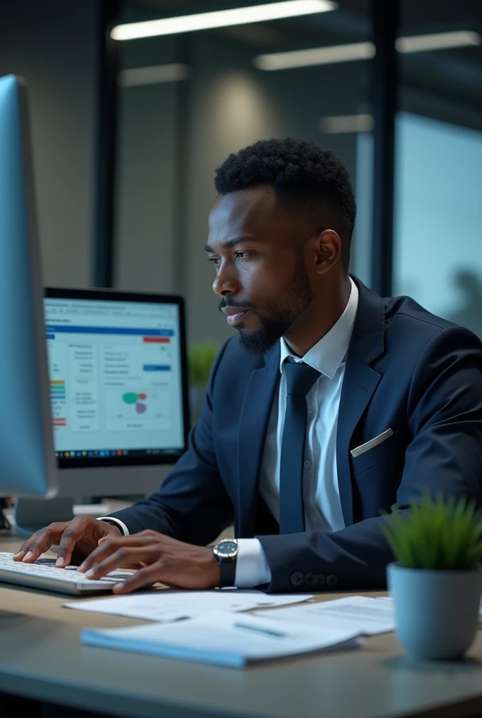 An Ethiopian black man siting on the table in the office working and arranging many transaction payments on his computer that is visible to us, the transaction payments are clearly visible for us and they also are in the team and have payment transfer detail transaction on their computer