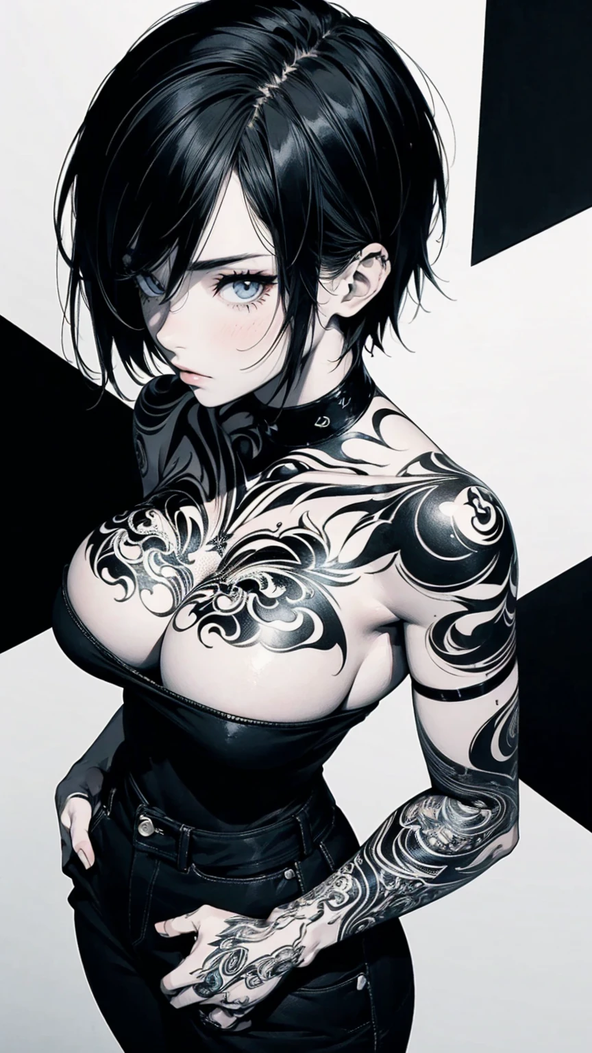Top view, A woman with her hands in her pockets, Asymmetrical Short Hair, Perfect body, Big Breasts, Full body tattoos, abstract design, A mixed black and white background, Anime Style, Digital Painting, (masterpiece, High resolution, Highest quality)