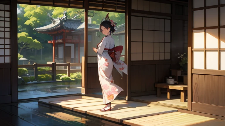 A part-time worker wearing a kimono、Please draw an illustration of someone adjusting a noren curtain outside a teahouse.。The woman was smiling as she adjusted the noren curtain.、A traditional Japanese garden spreads out in the background.。