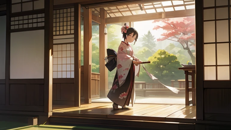 A part-time worker wearing a kimono、Please draw an illustration of someone adjusting a noren curtain outside a teahouse.。The woman was smiling as she adjusted the noren curtain.、A traditional Japanese garden spreads out in the background.。