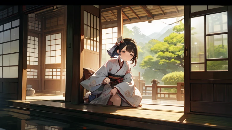 A part-time worker wearing a kimono、Please draw an illustration of someone adjusting a noren curtain outside a teahouse.。The woman was smiling as she adjusted the noren curtain.、A traditional Japanese garden spreads out in the background.。