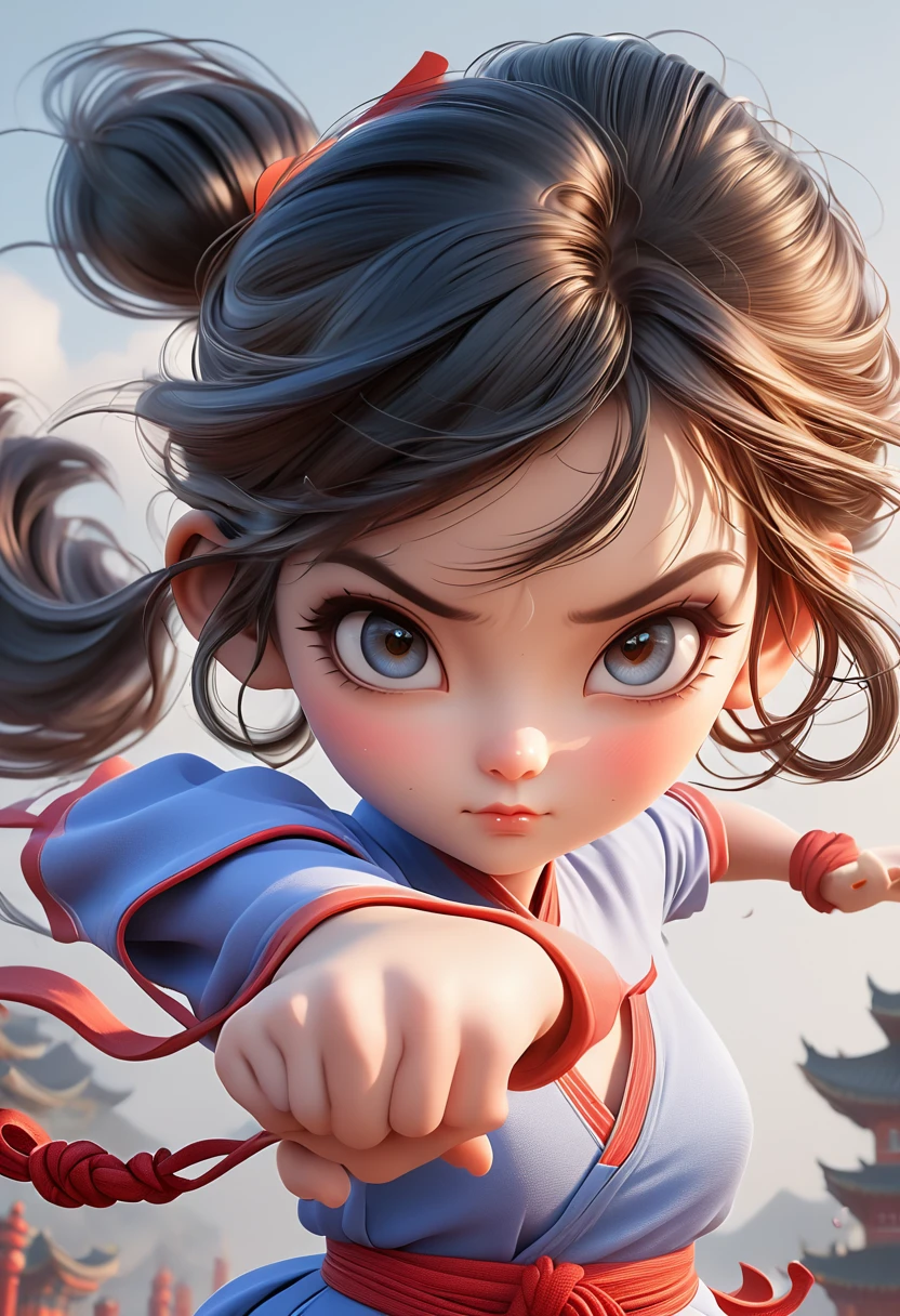 3D cartoon style kung fu girl, highly detailed facial features, beautiful detailed eyes, beautiful detailed lips, extremely detailed face, long eyelashes, dynamic pose, energetic expression, high-quality 3D rendering, cinematic lighting, vibrant colors, concept art style, epic action scene