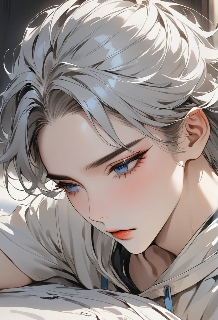 masterpiece, Highest quality, 8k ,4K , 1 male, Gray Hair、Twink close up、Blue Eyes、Looking Down

