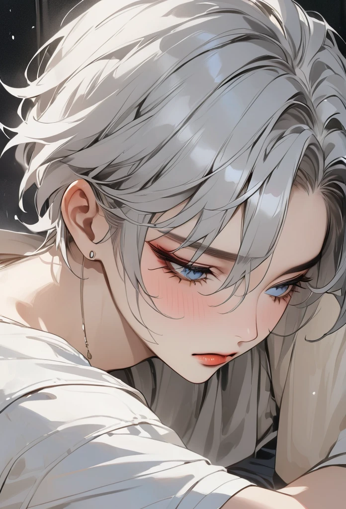 masterpiece, Highest quality, 8k ,4K , 1 male, Gray Hair、Twink close up、Blue Eyes、Looking Down