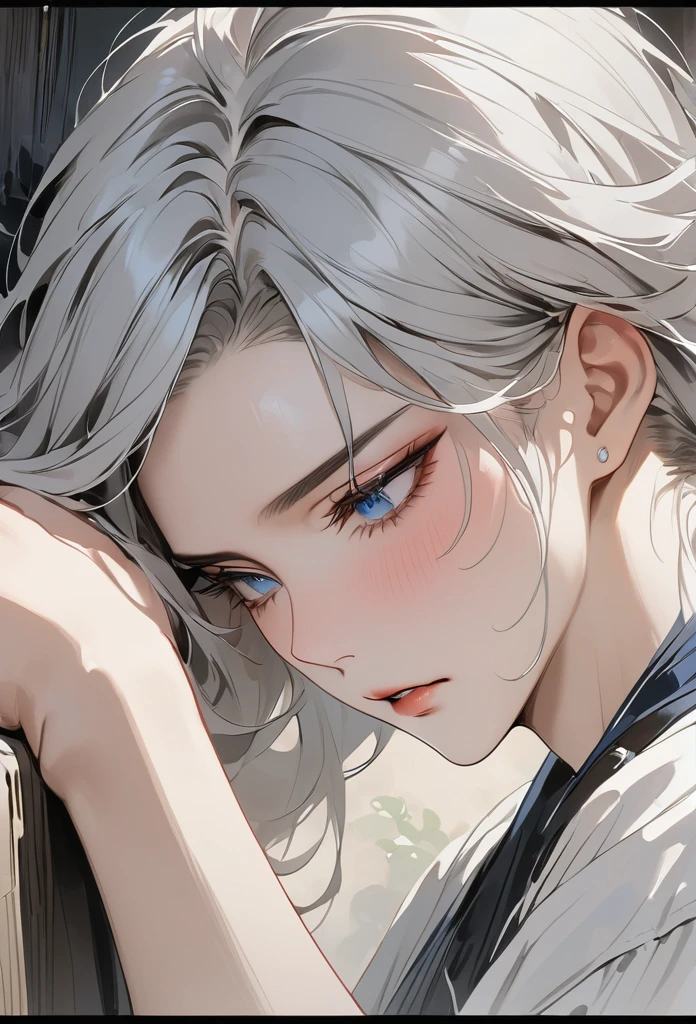 masterpiece, Highest quality, 8k ,4K , 1 male, Gray Hair、Twink close up、Blue Eyes、Looking Down