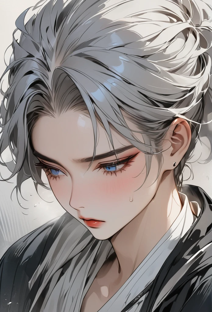 masterpiece, Highest quality, 8k ,4K , 1 male, Gray Hair、Twink close up、Blue Eyes、Looking Down