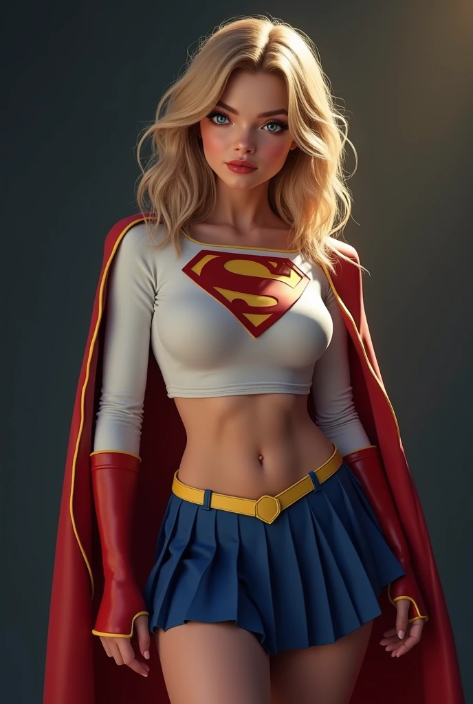 extremely busty, full view of A SEXY TEENAGE FEMALE WITH DARK BLUE EYES AND MEDIUM MESSY GOLDEN BLONDE HAIR WEARING A CLASSIC WHITE SUPERGIRL LONG SLEEVED CROP TOP COSTUME, A SHORT BLUE PLEATED SKIRT WITH A YELLOW SUPERGIRL BELT, RED HIGH HEELED SUPERGIRL BOOTS, AND SHORT RED SUPERGIRL CAPE WITH YELLOW TRIM. , incredibly detailed skin and eyes, seductive poses, 8K resolution, masterpiece, ultra-detailed, realistic, photo-realistic, vivid colors, dramatic lighting,