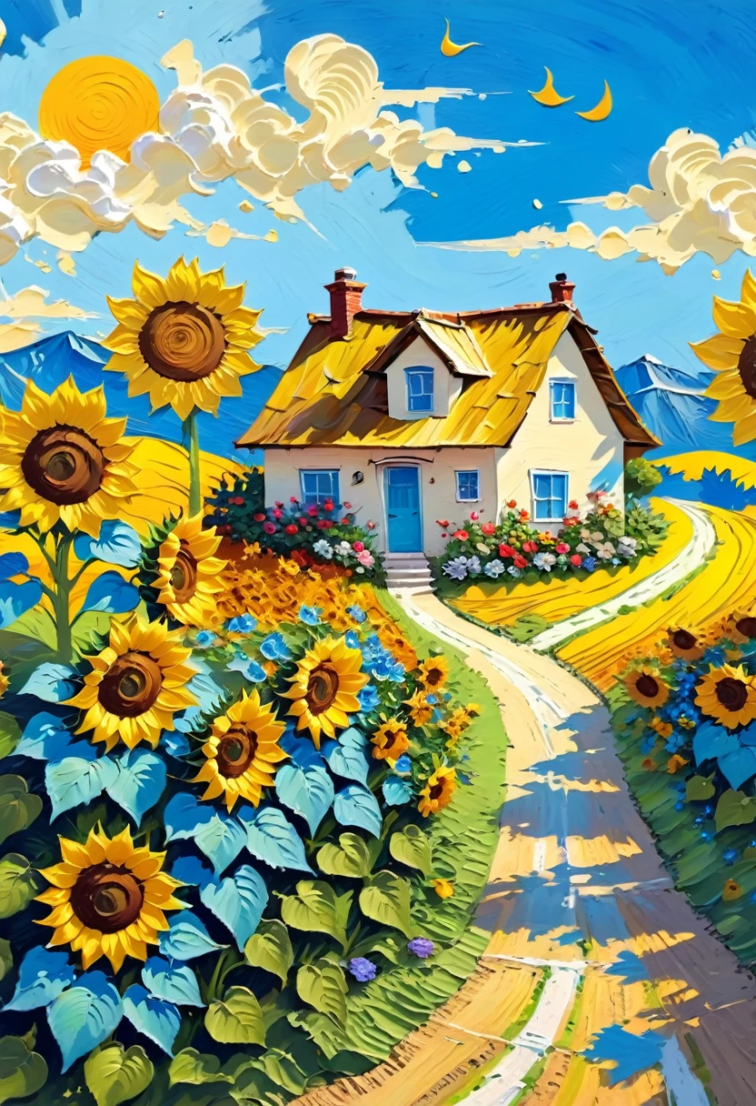 (((Acrylic paint，Thick coating，Plaster texture，Cream Painting)))，The winding path leads to the small house，Sunflowers on the roadside，Vibrant gouache landscape, Colorful scene, colorful、Rich in details, Colorful artwork, Landscape Art Detail, On a sunny day, The art of detail, colorful art, 