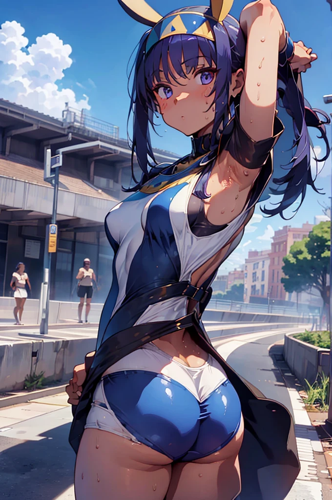 handを挙げてSweatばむ脇を見せる,Nitocris,Nitocris(destiny), 1 person,(masterpiece:1.2),(Highest quality),(Super detailed:1.2),(High resolution),(Highest quality),(An illustration),8k,Cinema Lighting,(Written boundary depth),(Sophisticated lighting:1.2),Rear view of a woman riding a bicycle,(Racing Suits),(Racing Gloves),((Remember)),((Butt)),(Sweat),(hand,detailed,perfection,perfectionion,hands),(Take the train), Spread your armpits