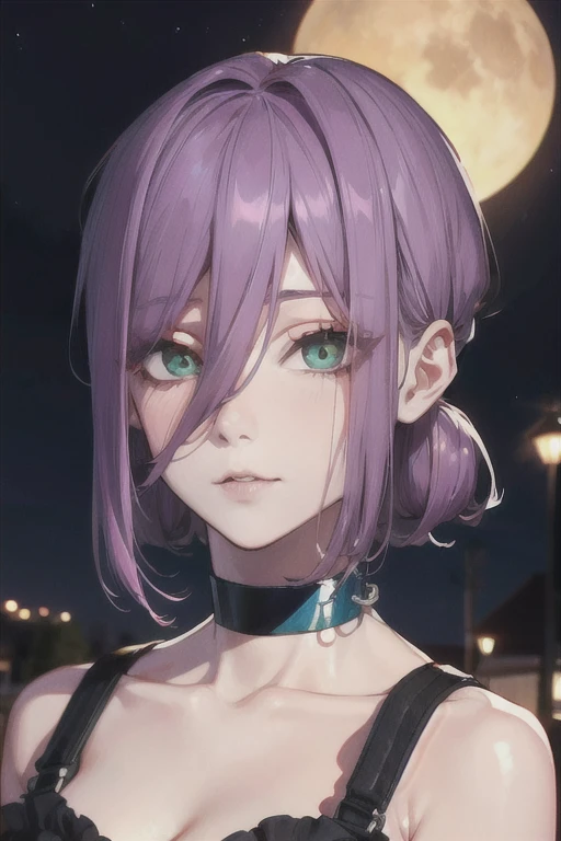 (Highest quality)、(Highest quality)、cut、Chainsaw Man、cute、(choker).eyes are emerald、Her hair is purple、Short Bob、Beautiful night view、whole body、detailed、Strong details、Reze、Eyelashes longer、