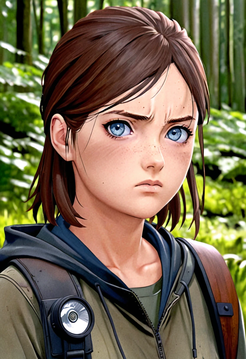 8k, anime style, naruto style, serious face, blue eyes, brown hair, light-skin, girl, female, ellie wiliams, ellie the last of us, 