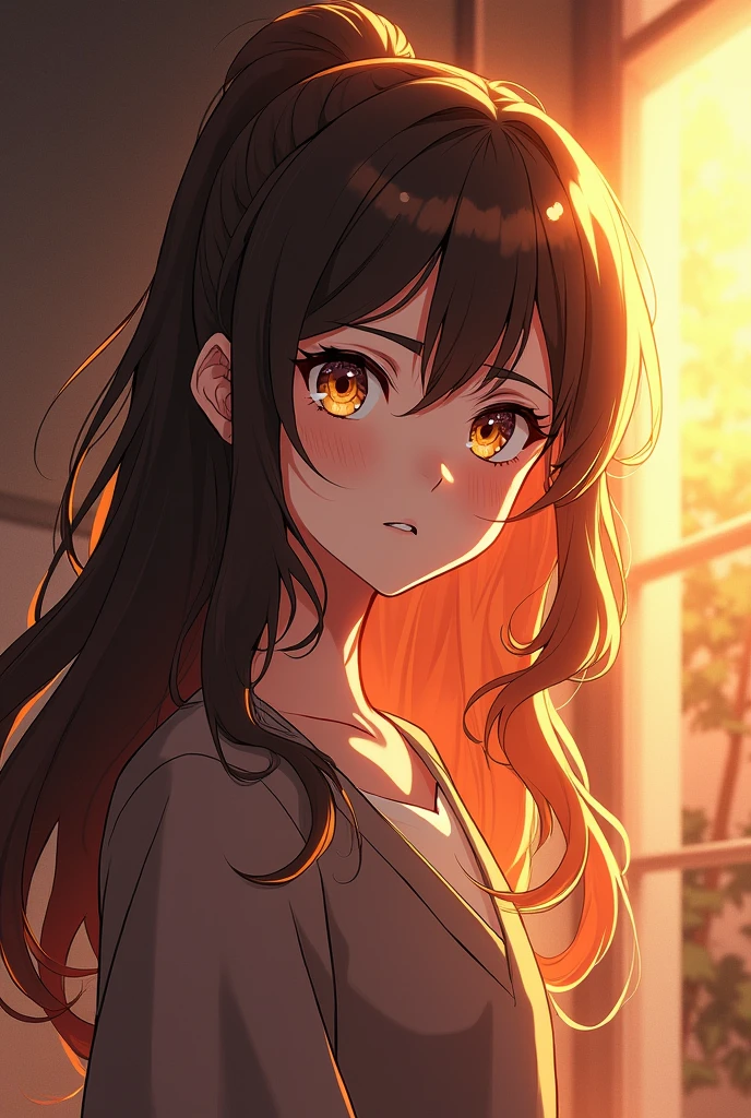 create a girl as if she were in the anime world of Jujutsu Kaisen. has long wavy hair, brown and honey colored eyes, Her skin is white, She has long eyelashes