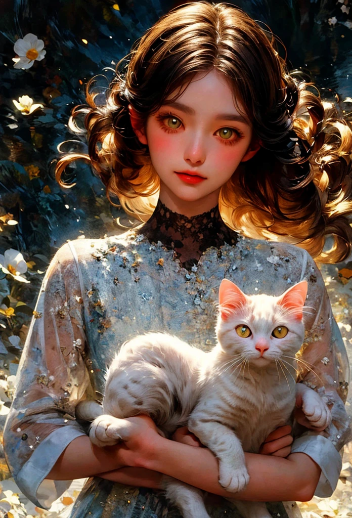 oil painting, (A scene with a woman and a white cat), A portrait expressing the deep bond between a girl and a cat, White cat_expression of delicate details, (Close-up of the upper body_A gaze that looks at the viewer), Peacefulness, high resolution, vivid silhouette, 3D textures, extremely detailed description, Oil painting style,