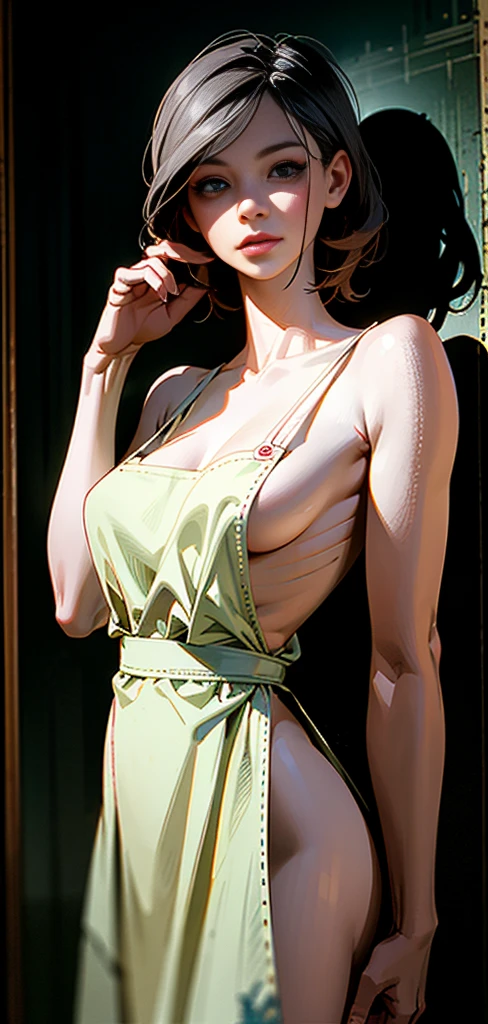 a naked woman wearing only an apron, wallpapering, standing on a stepladder holding wallpaper before pasting it to the wall, detailed face, beautiful eyes, detailed lips, extremely detailed, 8k, masterpiece, hyper detailed, ultra-realistic, photorealistic, intricate details, realistic colors, dramatic lighting, cinematic, muted tones, soft lighting