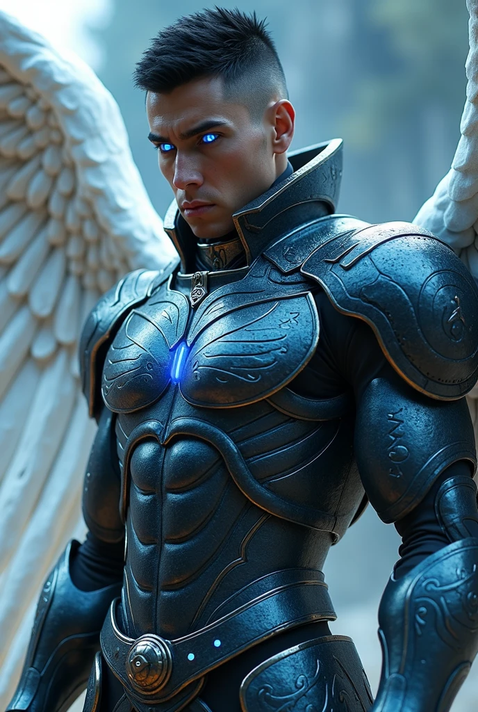 Cinematic, ultra high realistic, a steely glaze of a male black shorthaired buzz cut battle angel in armor with blue glowing and glittering eyes,  Engraved on his armor "Kodo", white angelwings, 
