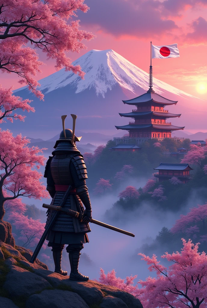 Create a background of a helmeted samurai with a katana looking up at a Japanese temple high up on the mountain with Mount Fuji in the background and the flag of Japan on a purple sunset and a few cherry blossom trees and a flower horn red dragon fish