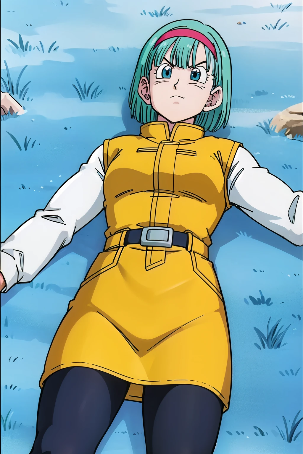 namek saga, bulma, 1girl, solo, short hair, blue eyes, blue hair, hairband, outdoors, lying, belt, on back, aqua hair, frown, blue grass, outstretched arms, looking up, red hairband, long sleeves, yellow sleeveless jacket, smile, yellow skirt, pantyhose, 
 