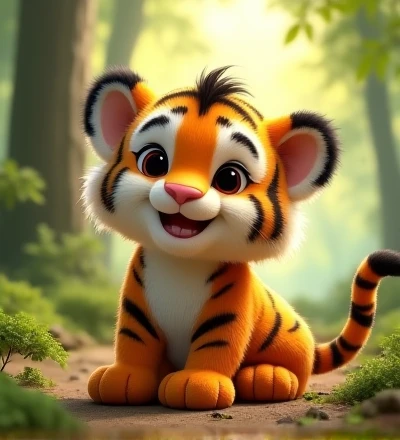 Imagine a lifelike little tiger with humorous and exaggerated features, oversized, dressed in cute clothes, bright eyes and curiosity, smiling, positive image, smiling little tiger, Disney style, capturing natural textures, although its little paws are slightly larger, they are even cuter. The background is a simple forest, emphasizing natural colors and some green plants to create bright colors