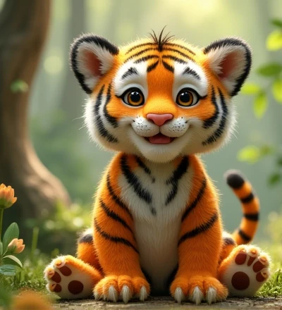Imagine a lifelike little tiger with humorous and exaggerated features, oversized, dressed in cute clothes, bright eyes and curiosity, smiling, positive image, smiling little tiger, Disney style, capturing natural textures, although its little paws are slightly larger, they are even cuter. The background is a simple forest, emphasizing natural colors and some green plants to create bright colors