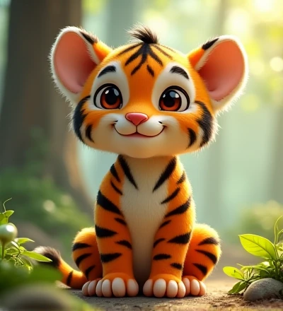 Imagine a lifelike little tiger with humorous and exaggerated features, oversized, dressed in cute clothes, bright eyes and curiosity, smiling, positive image, smiling little tiger, Disney style, capturing natural textures, although its little paws are slightly larger, they are even cuter. The background is a simple forest, emphasizing natural colors and some green plants to create bright colors