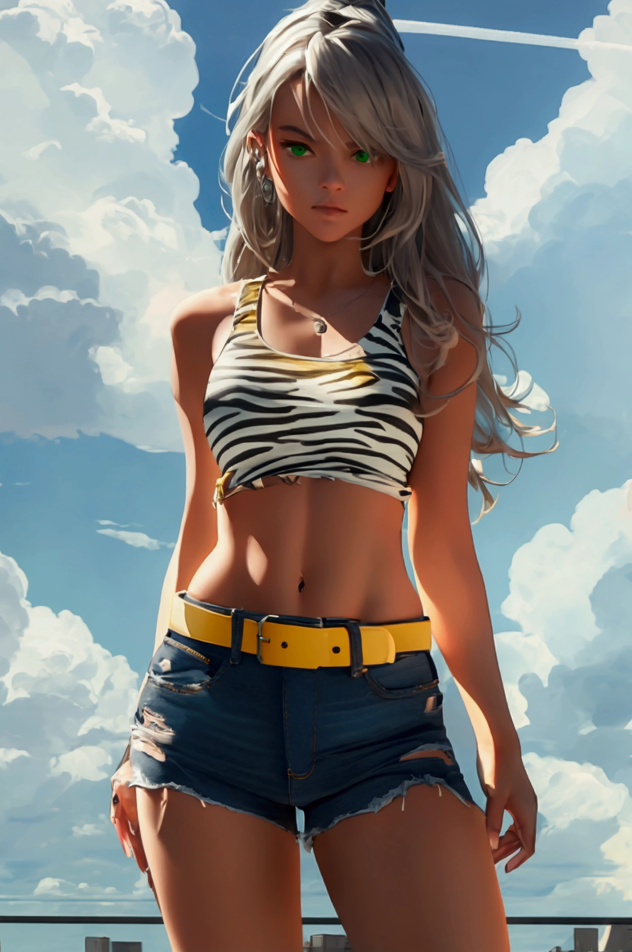 gute Qualität, 8K, maSterpiece: 1.3, Ultra HD, gute Qualität, 最gute Qualität, High reSolution, realiSm)) 、(high color Saturation:1.0), (highly detailed Skin), (gute Qualität:1.0), (High reSolution:1.0) ,(realiStic:1.0), (Super detailliert:1.0), (8K, RAW-Foto:1.1), full body shot of a skinny age girl, , wearing jeans hotpants with a wide yellow belt, cropped tank top with zebra print, very long hair with bangs, (jeans hotpants, with wide yellow belt), dynamic pose, seductive standing pose, ((jeans hotpants)), full body visible, complete body, laced white boots, beautiful face of a cute model, laced white footgear, zebra print cropped tank top, FULL BODY, delicate boots, standing pose (((STANDING UPRIGHT))), posing, overknee socks, delicate and fine jewelry, full body visible from head to toe, (white laced boots), tank top with laced rim, blank background, green canvas backgroundm, (green blank background)