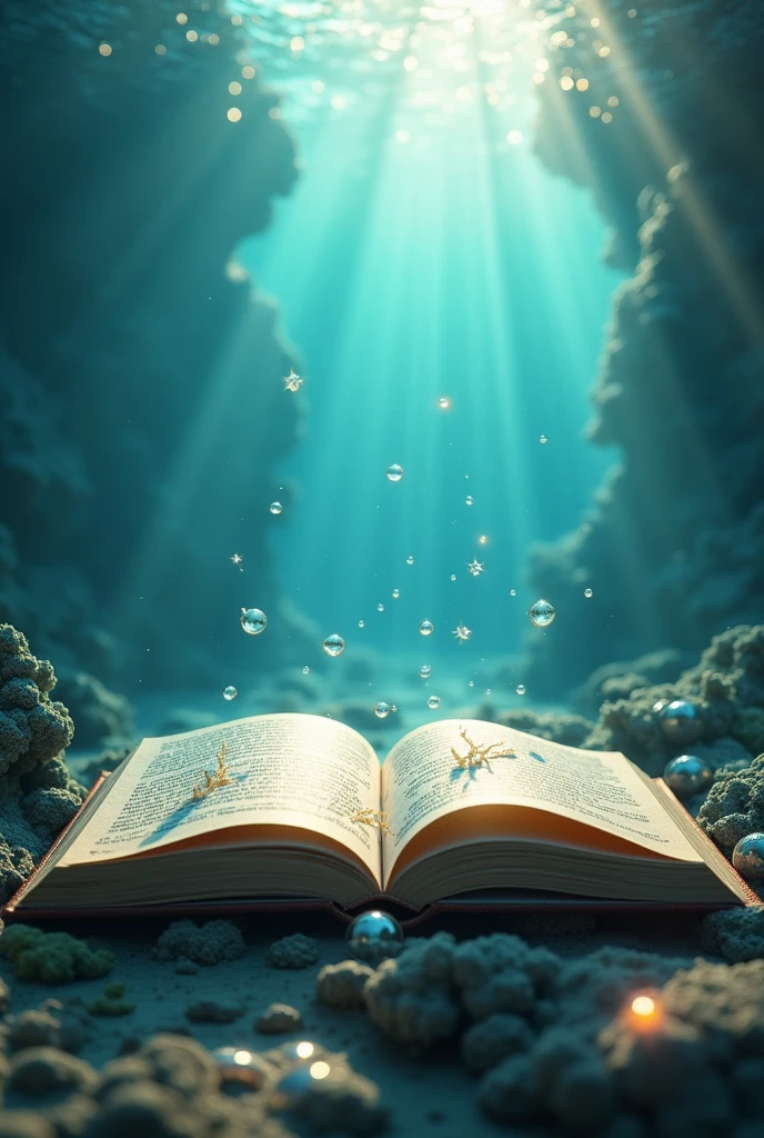 Book opening in Sea with pearls. But there's still space to put a timeline and title in the middle and top
