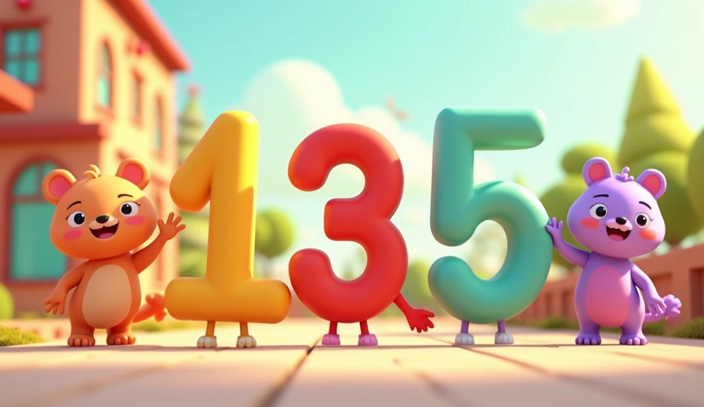 Create in 3d animation style for the kids of  group of 1-3 yeantro Scene:
   - Visuals: Bright, animated numbers 1, 2, 3, 4, 5 bouncing onto the screen. Use colorful, friendly characters (like animated animals or cartoon figures) waving and smiling.
   - Text on Screen: "Welcome to Number Fun!"