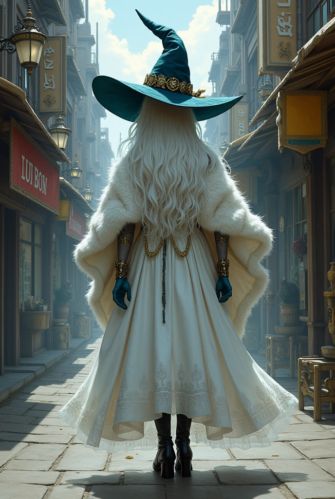 ranni the witch, one eye closed, witch hat, dress, (extra arms:1.2), solo, ring, fur cloak, white dress, large hat, white headwear, blue lips masterpiece, best quality, ultra-detailed, city, street, gothic, steampunk, illustration, 1girl, (solo), platinum long hair, boots, from behind, vintage, antique, brass, metal, gears, machinery, ornate, elegant, classic, sophisticated, refined, poised, contemplative, thoughtful, curious, mysterious, enigmatic, magical, watchful, intelligent, bookish, contrast, perspective, depth, texture, detail, realism, impressionistic, expressionistic, abstract, surrealistic, innovative, experimental, unique, atmosphere, ambiance, mood, nostalgia, historical, cultural, technological, industrial, fantasy, imagination, creativity, artistry, craftsmanship, skill, precision, detail, composition, balance, harmony, rhythm, colorful, darker, reflection, refraction, foreground, middle ground, background, vanishing point, horizon line, focal point, naturalistic, figurative, representational, high heels, boots, blue skin,