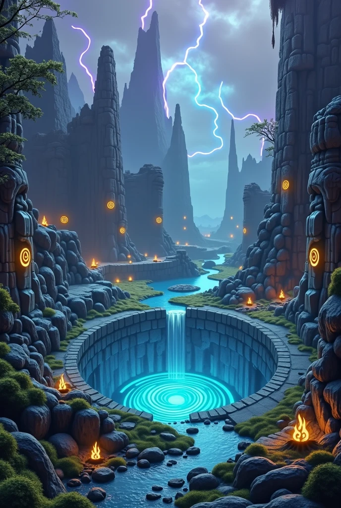 A mystical, fantasy sinkhole in a vibrant landscape, surrounded by ancient ruins and glowing magical symbols, with deep swirling fog and glowing lights emerging from the depths --ar 16:9 --v 5 --q 2 --style 4b
